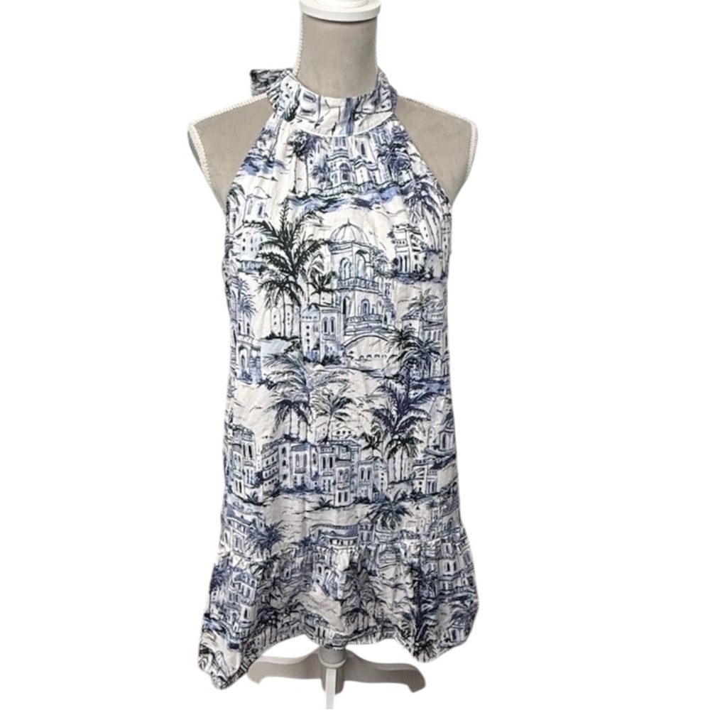 Calypso St. Barth Blue White Halter Cotton Mini Dress Sz Medium Tropical Resort - Picture 2 of 16